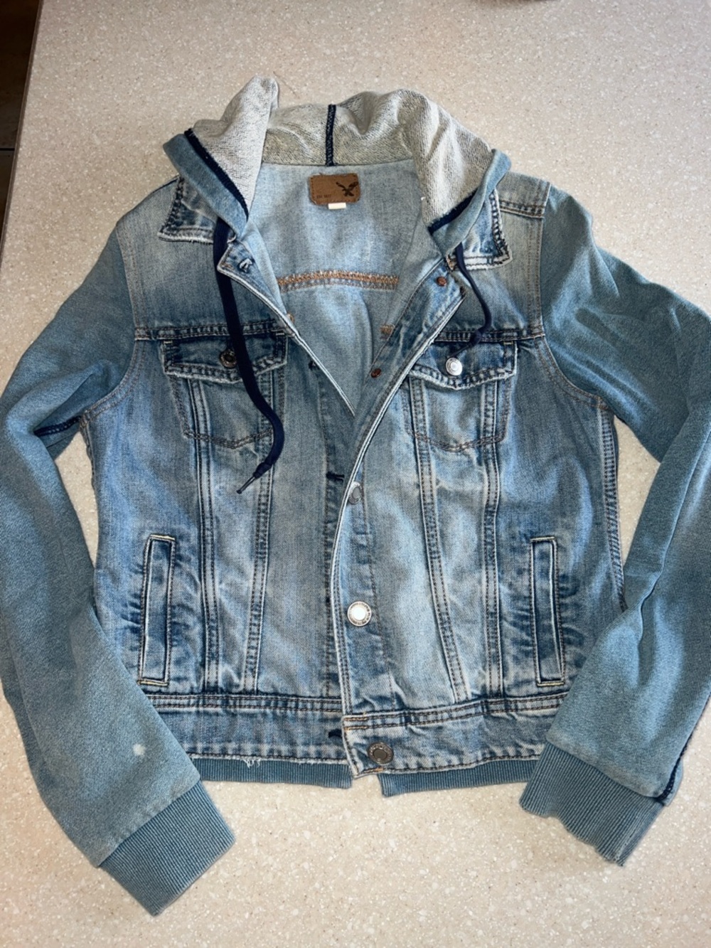 American Eagle Outfitters Light Blue Denim Jacket with Hood